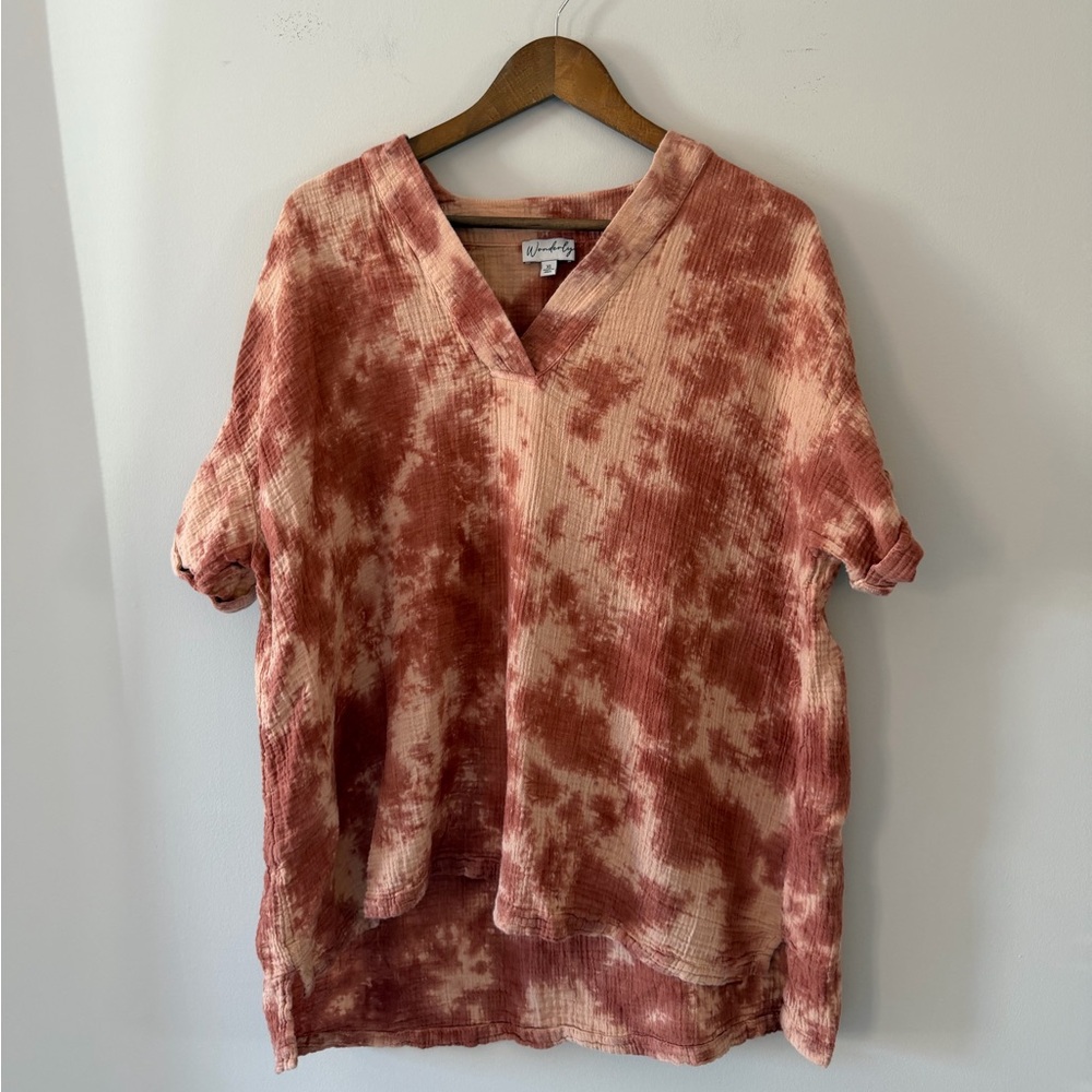 Wonderly Rust Tie-Dye V-Neck Tunic Blouse Cotton Size XL